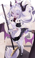 Rule 34 | absurdres, ahoge, alternate costume, black horns, black wings, blue archive, broom, commentary request, demon wings, enmaided, falken (yutozin), garter straps, halo, highres, hina (blue archive), holding, holding broom, horns, low wings, maid, open mouth, purple eyes, purple halo, standing, thighhighs, white garter straps, white thighhighs, wings