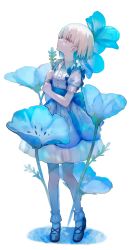 1girl absurdres bad_id bad_pixiv_id blue_dress blue_theme blunt_bangs dress flower frilled_dress frills highres hitoba light_brown_hair mary_janes nemophila_(flower) original shoes short_hair short_sleeves socks solo white_socks yellow_eyes