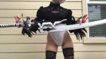 Rule 34 | 1girl, animated, black thighhighs, boots, cosplay, feathers, head out of frame, highleg, highleg leotard, highres, holding, holding sword, holding weapon, leotard, lipstick, long sleeves, makeup, nier (series), nier:automata, photo (medium), short hair, skindentation, solo, standing, sword, tagme, thigh gap, thighhighs, thighs, thong leotard, video, weapon, video, white hair, white leotard, 2b (nier:automata), 2b (nier:automata) (cosplay)