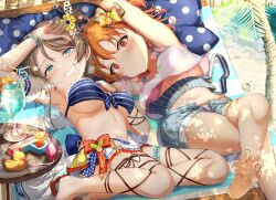 Rule 34 | 2girls, a chika-tastic summer, ahoge, barefoot, bikini, blue eyes, bow, breasts, brown hair, cleavage, commentary, cross-laced clothes, cross-laced legwear, facing viewer, feet, foot out of frame, grin, highres, legs, looking at viewer, love live!, love live! school idol festival all stars, love live! sunshine!!, medium breasts, multiple girls, official alternate costume, ponnu (nikeytina), short hair, smile, soles, swimsuit, takami chika, toes, underboob, watanabe you