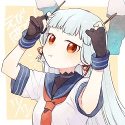 Rule 34 | 1girl, ark kan, black gloves, blunt bangs, closed mouth, commentary request, dated, dress, food, gloves, hair ribbon, headgear, holding, holding food, holding pocky, kantai collection, long hair, looking at viewer, murakumo (kancolle), necktie, orange eyes, partially fingerless gloves, pocky, pocky day, pout, red necktie, red ribbon, ribbon, sailor dress, short eyebrows, short sleeves, sidelocks, silver hair, simple background, solo, tress ribbon
