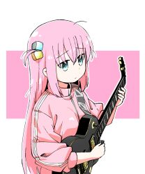 Rule 34 | 1girl, blue eyes, bocchi the rock!, closed mouth, commentary request, cube hair ornament, electric guitar, gotoh hitori, guitar, hair between eyes, hair ornament, holding, holding instrument, instrument, jacket, long hair, long sleeves, looking away, naegi (naegidokoro), one side up, outline, pink background, pink hair, pink jacket, puffy long sleeves, puffy sleeves, solo, two-tone background, upper body, very long hair, white background, white outline
