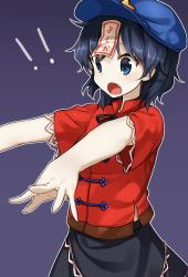 Rule 34 | !, !!, 1girl, bad id, bad twitter id, black hair, blue background, blue eyes, bow, fang, hat, highres, jiangshi, miyako yoshika, ofuda, open mouth, outstretched arms, shinova, shirt, shnva, short hair, short sleeves, simple background, skirt, solo, star (symbol), surprised, text focus, touhou, zombie pose