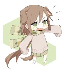 Rule 34 | 1girl, :d, absurdly long hair, animal ears, blush, brown hair, chibi, commentary, dog ears, dog tail, dot nose, fang, full body, green background, green eyes, green scarf, green skirt, grey sweater, hair between eyes, highres, long hair, long sleeves, notice lines, open mouth, original, outstretched arms, pleated skirt, ponytail, romaji commentary, scarf, shoes, skin fang, skirt, sleeves past fingers, sleeves past wrists, smile, solo, spread arms, standing, sweater, tail, tsu (lovesick1964), v-shaped eyebrows, very long hair, white footwear