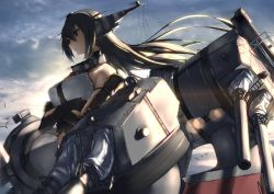 Rule 34 | 10s, 1girl, arm guards, armlet, backlighting, bare shoulders, black hair, brown eyes, cannon, choker, crossed arms, elbow gloves, expressionless, fingerless gloves, gloves, hair between eyes, headgear, kantai collection, machinery, nagato (kancolle), navel, outdoors, rigging, sky, solo, standing, sunrise, tsuuhan, turret, weapon