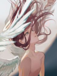 Rule 34 | 1boy, angel devil (chainsaw man), angel wings, blue eyes, brown hair, chainsaw man, champi, disembodied hand, feathered wings, floating hair, highres, long hair, looking up, moon, solo, topless male, white wings, wings