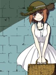 Rule 34 | 10s, 1girl, against wall, blush, brick wall, bright pupils, brown eyes, brown hair, brown hat, closed mouth, commentary request, cowboy shot, dress, flower, girls und panzer, half-closed eyes, hat, hat flower, head tilt, holding, jewelry, looking at viewer, medium dress, necklace, nishizumi miho, noumen, picnic basket, shadow, short hair, sleeveless, sleeveless dress, smile, solo, standing, straw hat, sunflower, v arms, white dress, white pupils