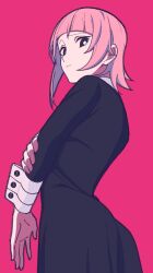 Rule 34 | 1other, androgynous, ass, black dress, black eyes, blunt bangs, closed mouth, crona (soul eater), cuff links, dress, from side, highres, kashiwa (iersansi), long sleeves, looking at viewer, looking back, pink background, pink hair, simple background, solo, soul eater
