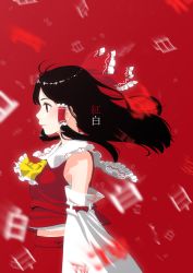 Rule 34 | 1girl, arms at sides, ascot, black hair, blouse, bow, breasts, detached sleeves, expressionless, eyelashes, frilled bow, frilled shirt collar, frills, from side, hair bow, hair tubes, hakurei reimu, highres, kanji, kitano (kitanosnowwhite), layered clothes, medium breasts, midriff, profile, red background, red eyes, red shirt, red skirt, red theme, ribbon-trimmed sleeves, ribbon trim, shirt, signature, skirt, sleeveless, sleeveless shirt, solo, touhou, translated, upper body, wide sleeves, wind, yellow ascot
