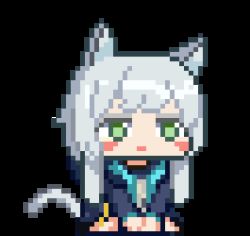 Rule 34 | 1girl, :o, animal ears, animated, animated gif, arknights, between legs, black jacket, blush stickers, cat ears, cat girl, cat tail, chibi, commentary, green eyes, hand between legs, jacket, jitome, kneeling, long hair, long sleeves, looking at viewer, looping animation, lowres, meme, pawamo power, pixel art, pop cat (meme), rosmontis (arknights), sidelocks, silver hair, sitting, solo, tail, transparent background, wariza