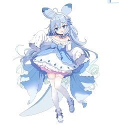 Rule 34 | 1girl, antenna hair, aqua hair, bare shoulders, blue bow, blue eyes, blue hair, blue ribbon, blue tail, bow, bright pupils, chillet, chinese commentary, diamond (shape), dress, flower, front bow, full body, hair between eyes, hairband, highres, light blue hair, long hair, long sleeves, multicolored hair, off-shoulder dress, off shoulder, palworld, personification, rainbowlife, ribbon, shoes, shoulder tattoo, simple background, sleeves past fingers, sleeves past wrists, solo, tail, tattoo, thighhighs, two-tone hair, very long hair, white background, white dress, white footwear, white hairband, white pupils, white thighhighs, zettai ryouiki