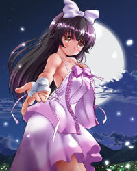 Rule 34 | 1girl, black hair, blush, bow, brown eyes, chisato (missing park), closed mouth, cloud, cowboy shot, dark clouds, dress, flower knight girl, full moon, hair bow, long hair, looking at viewer, moon, night, outstretched hand, petals, pink bow, pink dress, shiny skin, smile, solo, tsukimisou (flower knight girl), white bow