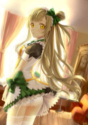 Rule 34 | 10s, 1girl, :o, absurdres, blush, brown hair, clock, clouble, curtains, garter straps, grandfather clock, highres, indoors, long hair, love live!, love live! school idol project, maid, minami kotori, solo, standing, thighhighs, white thighhighs, yellow eyes