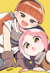 Rule 34 | 2girls, blunt bangs, brown eyes, brown gloves, brown hair, brown hairband, dated, gloves, hairband, highres, looking at viewer, luo xiaobai, multiple girls, open mouth, pink hair, shanxin (the legend of luoxiaohei), short sleeves, simple background, sleeveless, luo xiaohei zhanji, twitter username, upper body, vox, yellow background