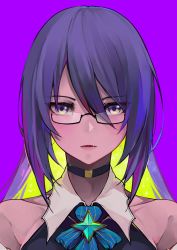 Rule 34 | 1girl, absurdres, bang telex, blue bow, bow, choker, collar, collarbone, dark-skinned female, dark skin, glasses, gradient eyes, hair between eyes, highres, hololive, hololive indonesia, lips, long hair, looking at viewer, moona hoshinova, multicolored eyes, multicolored hair, purple background, purple eyes, purple hair, shirt, sleeveless, sleeveless shirt, solo, striped, striped bow, tsurime, two-tone hair, upper body, virtual youtuber, yellow eyes
