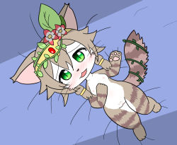 Rule 34 | 1girl, artemis (cat busters), artist request, brown hair, cat, cat busters, flower, furry, furry female, green eyes, hair flower, hair ornament, head wreath, highres, long hair, open mouth, solo
