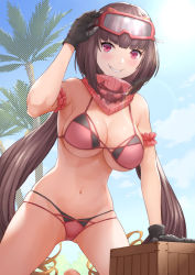 Rule 34 | 1girl, arm garter, bad id, bad pixiv id, bare shoulders, bikini, black gloves, blue sky, blush, breasts, brown hair, cleavage, fate/grand order, fate (series), gloves, goggles, goggles on head, gradient hair, grin, large breasts, long hair, looking at viewer, low twintails, mokyumokyuchan, multi-strapped bikini, multicolored hair, navel, osakabehime (fate), osakabehime (swimsuit archer) (fate), osakabehime (swimsuit archer) (second ascension) (fate), palm tree, pink bikini, pink scarf, purple eyes, scarf, ski goggles, sky, smile, swimsuit, thighs, tree, twintails, very long hair