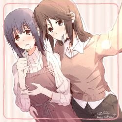Rule 34 | 2girls, apron, blue hair, blush, brown apron, brown eyes, brown hair, brown sweater, closed mouth, collared shirt, dated, eating, fork, hand up, happy birthday, hibike! euphonium, highres, holding, holding fork, kasaki nozomi, liz to aoi tori, long hair, long sleeves, looking at viewer, multiple girls, open mouth, outstretched arm, pink eyes, sawara65, selfie, shirt, smile, standing, sweater, turtleneck, turtleneck sweater, white shirt, white sweater, yoroizuka mizore