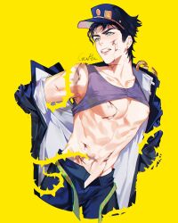 Rule 34 | 1boy, aqua eyes, black hair, black jacket, black pants, blood, blood on arm, blood on chest, blood on face, clenched teeth, clothes lift, cowboy shot, cropped legs, earrings, grey tank top, hat, highres, injury, jacket, jacket partially removed, jewelry, jojo no kimyou na bouken, jujeop, kuujou joutarou, looking to the side, male focus, midriff, open clothes, open fly, pants, shirt lift, short hair, signature, single bare shoulder, solo, tank top, teeth, thorns, toned, toned male