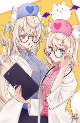 Rule 34 | 2girls, absurdres, alternate costume, animal ear fluff, animal ears, aoba takeru, bandaid, bandaid hair ornament, black-framed eyewear, blonde hair, blue dress, blue hair, blue hat, dog ears, dog girl, dog tail, dress, fang, fuwawa abyssgard, glasses, hair ornament, hairpin, hat, highres, holding, holding syringe, hololive, hololive english, jacket, looking at viewer, mococo abyssgard, multicolored hair, multiple girls, nurse cap, open mouth, perroccino (fuwamoco), pink dress, pink hair, pink hat, siblings, sisters, skin fang, streaked hair, syringe, tail, twins, two side up, virtual youtuber, white jacket, x hair ornament