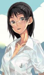 Rule 34 | 1girl, black hair, breasts, cleavage, collarbone, glasses, hair ornament, hairclip, no bra, open mouth, ringed eyes, solo, teeth, zaimoku okiba