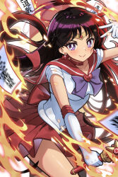 1girl bishoujo_senshi_sailor_moon black_hair bow bright_pupils choker closed_mouth commentary cowboy_shot earrings elbow_gloves english_commentary fire floating_hair gloves hand_up hino_rei holding holding_wand jewelry long_hair looking_at_viewer magical_girl ofuda pleated_skirt purple_bow purple_eyes pyrokinesis red_choker red_sailor_collar red_skirt sailor_collar sailor_mars sailor_senshi sailor_senshi_uniform saylamars short_sleeves skirt smile solo star_(symbol) star_earrings star_power_stick super_sailor_mars tiara v wand white_gloves white_pupils