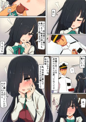 Rule 34 | 1boy, 1girl, ?, admiral (kancolle), aqua neckwear, black hair, blunt bangs, blush, bow, bowtie, breasts, closed eyes, closed mouth, collared shirt, comala (komma la), comic, dress, fingernails, full-face blush, green bow, green bowtie, hair over one eye, hair ribbon, halterneck, hands on own cheeks, hands on own face, hat, hayashimo (kancolle), highres, kantai collection, lipstick, long hair, long sleeves, makeup, military, military hat, military uniform, naval uniform, open mouth, peaked cap, purple dress, ribbon, shirt, sleeveless, sleeveless dress, speech bubble, spoken question mark, sweatdrop, translation request, uniform, valentine, very long hair, wavy mouth, white ribbon, white shirt