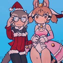 Rule 34 | 2girls, animal ears, blue background, blush, brown eyes, brown hair, christmas, dress, elbow gloves, extra ears, glasses, gloves, grey hair, groin, hair ornament, hat, highres, inada roku, kemono friends, large-spotted genet (kemono friends), leotard, leotard under clothes, long hair, looking at viewer, meerkat (kemono friends), multiple girls, santa costume, santa hat, short hair, simple background, tail