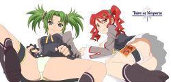 Rule 34 | 00s, 2girls, ass, bad id, bad pixiv id, blush, boots, clothes lift, copyright name, droite (tales), gauche (tales), green eyes, green hair, knee boots, legs, long legs, multiple girls, panties, red eyes, red hair, rutarou, siblings, sisters, skirt, skirt lift, spread legs, tales of (series), tales of vesperia, thighs, twintails, underwear