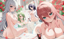 Rule 34 | 4girls, absurdres, ahoge, alcohol, ass, azur lane, black hair, blue eyes, blunt bangs, blush, bottle, breasts, brown hair, closed mouth, cola, collarbone, commentary request, commission, completely nude, covering privates, crossed bangs, cup, drinking glass, flower, green hair, grey eyes, grey hair, groin, hair between eyes, hair intakes, heterochromia, highres, holding, holding towel, humo, impero (azur lane), indoors, large breasts, light rays, littorio (azur lane), long hair, looking at viewer, multicolored hair, multiple girls, naked shirt, nude, nude cover, parted bangs, parted lips, partially submerged, petal censor, petals, pixiv commission, red eyes, red flower, red hair, red rose, roma (azur lane), rose, rose petals, shirt, sidelocks, sitting, smile, standing, streaked hair, towel, very long hair, vittorio veneto (azur lane), water, wet, wine, wine glass, yellow eyes