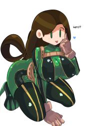 Rule 34 | 1girl, ass, asui tsuyu, asui tsuyu (cosplay), bodysuit, boku no hero academia, breasts, brick shoes, brown hair, cosplay, gloves, highres, large breasts, nipples, thick thighs, thighhighs, thighs