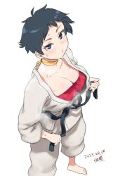 Rule 34 | 1girl, barefoot, black hair, breasts, choker, cleavage, commentary request, dated, dougi, foot out of frame, from above, karate gi, large breasts, light blush, looking at viewer, makoto (street fighter), martial arts belt, medium breasts, red sports bra, ribbon choker, short hair, signature, solo, sports bra, steaming body, street fighter, street fighter iii (series), sweat, tomboy, tsukudani (coke-buta), untying, white background, yellow choker
