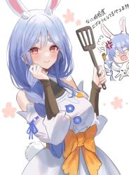 Rule 34 | 2girls, animal ear fluff, animal ears, apron, black bodysuit, blue hair, blush, bodysuit, braid, carrot hair ornament, detached sleeves, don-chan (usada pekora), food-themed hair ornament, hair ornament, holding, holding spatula, hololive, looking at viewer, mature female, mother and daughter, multicolored hair, multiple girls, nikoge (25ge dayo), pekomama, rabbit ears, rabbit girl, rabbit tail, red eyes, short eyebrows, smile, spatula, streaked hair, tail, twin braids, usada pekora, usada pekora (1st costume), virtual youtuber, white apron, white hair, white sleeves