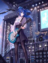 Rule 34 | 2girls, amplifier, band, black pantyhose, black skirt, blue eyes, blue hair, buttons, cable, character request, concert, confetti, drum, drum set, drumming, earplugs, earrings, electric guitar, electrical outlet, evening, expressionless, fire emblem, grey eyes, guitar, hair ornament, highres, instrument, jewelry, lights, looking to the side, medium hair, microphone, microphone stand, multiple girls, music, necktie, nintendo, pantyhose, playing instrument, pleated skirt, ponytail, railing, scaffolding, screen, shirt, skirt, sparkle, sparkle background, speaker, stage, stage lights, strap, stud earrings, white hair, white shirt, wind, wireless earphones, yuzuriha (atelier liang)