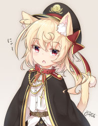 Rule 34 | 1girl, animal ear fluff, animal ears, belt, belt collar, black cape, black hat, black skirt, blonde hair, blush, brown belt, cape, cat ears, cat girl, cat tail, cherry blossom print, chestnut mouth, collar, collared shirt, commentary request, coreytaiyo, dated, dress shirt, flandre scarlet, floral print, hair between eyes, hat, highres, kemonomimi mode, long hair, looking at viewer, one side up, parted lips, peaked cap, print skirt, red collar, red eyes, shirt, signature, skirt, solo, tail, touhou, white shirt