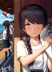 Rule 34 | 4girls, admiral (kancolle), ayanami (kancolle), bag, beach, black hair, blue sky, braid, brown eyes, brown hair, camera, cloud, commentary request, day, enemy lifebuoy (kancolle), hair over shoulder, hand on another&#039;s face, highres, horizon, ichikawa feesu, isonami (kancolle), kabedon, kantai collection, light bulb, long hair, looking at viewer, multiple girls, ocean, outdoors, ponytail, pov, railroad tracks, school uniform, serafuku, shikinami (kancolle), shirt, short hair, side ponytail, single braid, sky, solo focus, upper body, uranami (kancolle), white shirt