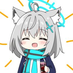 1girl :d ^_^ ahoge animal_ear_fluff animal_ears blue_archive blue_hair blue_jacket blue_scarf blush can closed_eyes commentary_request drink_can grey_hair hair_ornament hairclip holding holding_can jacket kotatsu-mazoku long_sleeves open_clothes open_jacket open_mouth scarf shiroko_(blue_archive) shirt short_hair simple_background smile solo upper_body white_background white_shirt wolf_ears