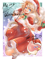 Rule 34 | 1girl, absurdres, blonde hair, blue eyes, blush, breasts, christmas, dated, dress, full body, gloves, hat, highres, kyabia, large breasts, long hair, looking at viewer, merry christmas, meythia, monster, open mouth, saga, saga frontier 2, santa hat, smile, snowflakes, solo