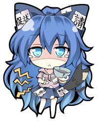 Rule 34 | 1girl, :c, absurdres, barefoot, begging, blue bow, blue eyes, blue hair, blue skirt, bow, bowl, bracelet, chibi, closed mouth, commentary request, damaged, full body, hair between eyes, hair bow, hand on own stomach, hand up, highres, holding, holding bowl, hood, hoodie, hungry, jewelry, long hair, looking at viewer, shaded face, short sleeves, simple background, skirt, solo, standing, stomach growling, stuffed animal, stuffed cat, stuffed toy, tearing up, touhou, usagi koushaku, very long hair, white background, yorigami shion