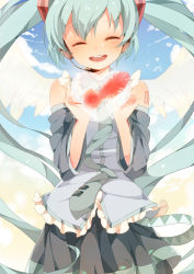 Rule 34 | 1girl, :d, ^ ^, angel wings, aqua hair, bare shoulders, blush, detached sleeves, closed eyes, feathers, hatsune miku, headset, highres, holding, long hair, necktie, open mouth, skirt, smile, solo, twintails, umiko (munemiu), very long hair, vocaloid, wings