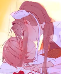 Rule 34 | 2girls, bed, bedroom, bow, brown hair, commentary request, doki doki literature club, closed eyes, hand on hand, highres, holding hands, kentylevel, kiss, long hair, monika (doki doki literature club), multiple girls, on bed, pillow, ponytail, red bow, ribbon, sayori (doki doki literature club), school uniform, short hair, undressing, white ribbon, yuri