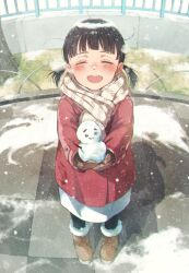 Rule 34 | 1girl, :d, ^ ^, angel wings, black hair, blush, boots, breath, closed eyes, cold, commentary, fur trim, gloves, gomennasai, highres, holding, jacket, open mouth, original, outdoors, round teeth, scarf, shadow, smile, snow, snowing, snowman, solo, teeth, twintails, upper teeth only, wings