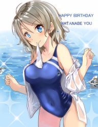 Rule 34 | 10s, 1girl, bare shoulders, blue eyes, blue one-piece swimsuit, blush, breasts, competition swimsuit, dress shirt, happy birthday, looking at viewer, love live!, love live! school idol project, love live! sunshine!!, mouth hold, okutomi fumi, one-piece swimsuit, shirt, short hair, silver hair, smile, solo, standing, swim cap, unworn swim cap, swimsuit, watanabe you