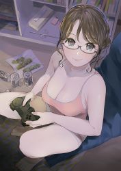 Rule 34 | 1girl, barefoot, beer can, black eyes, blush, book, bookshelf, breasts, brown hair, can, cleavage, commentary request, condom, condom box, condom wrapper, controller, drink can, emodelas, fingernails, food, from above, game controller, glasses, indoors, large breasts, looking at viewer, medium hair, nail polish, original, playstation controller, revision, short shorts, shorts, sidelocks, sitting, smile, solo, tank top, tissue box, toenail polish, toenails, used tissue, wavy hair, yakitori