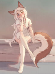 Rule 34 | 1girl, animal ear fluff, animal ears, artist name, bare arms, blue eyes, blush, commentary, crossed legs, elbow rest, english commentary, fox ears, fox girl, fox tail, freckles, full body, head tilt, heterochromia, highres, long hair, looking at viewer, losse (personal ami), orange eyes, original, personal ami, shoes, short sleeves, sitting, smile, solo, tail, thick eyebrows, thighhighs, very long hair, white footwear, white hair, white thighhighs