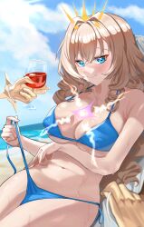 1girl absurdres alternate_costume arm_under_breasts beach bikini blonde_hair blue_bikini blue_eyes blush breasts crown_(naked_king)_(nikke) crown_(nikke) diadem disembodied_hand drill_hair goddess_of_victory:_nikke highres large_breasts long_hair looking_at_viewer lying midriff nanjoyoshino navel ocean on_back sand smile solo sweat swimsuit water