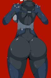 Rule 34 | 1girl, absurdres, ass, ass focus, bodysuit, breasts, brown hair, from behind, highres, huge ass, large breasts, naver, niijima makoto, persona, persona 5, shiny clothes, short hair, sideboob, skin tight, solo