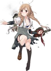 Rule 34 | 1girl, arm warmers, black socks, bow, bowtie, braid, breasts, cleavage, fujikawa, full body, kantai collection, kneehighs, light brown hair, loafers, machinery, minegumo (kancolle), official art, pleated skirt, red eyes, school uniform, shirt, shoes, short shorts, shorts, skirt, smoke, socks, solo, suspender skirt, suspenders, torn clothes, torn legwear, torn shirt, torn skirt, torn socks, torpedo, transparent background, twin braids, white background, white shirt