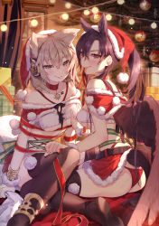 Rule 34 | 2girls, animal ears, anklet, ass, bandeau, bare shoulders, black hair, black legwear, black wings, bra, bracelet, breasts, brown eyes, brown hair, chest tattoo, choker, christmas, collarbone, commentary, earmuffs, hat, highres, horse ears, jewelry, kurokoma saki, long hair, looking at viewer, mouth hold, multiple girls, off-shoulder shirt, off shoulder, panties, pointy hair, pom pom (clothes), red choker, red eyes, red headwear, red panties, red ribbon, ribbon, santa hat, shirt, short hair, small breasts, smile, syuri22, tattoo, thighhighs, thighs, touhou, toyosatomimi no miko, underwear, white bra, wings, yuri