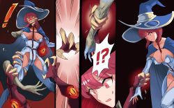 Rule 34 | !?, 1girl, arm grab, breasts, claws, cleavage, covering another&#039;s mouth, dismemberment, elbow gloves, gloves, hat, highres, holding, large breasts, navel, original, petrification, red hair, short hair, statue, uns (sdsxsoverlord), witch hat